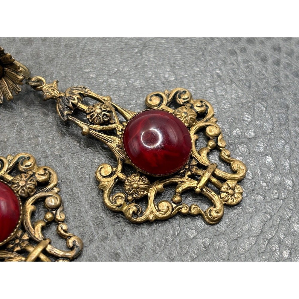 Vintage Czech Art Nouveau Deco Glass Cabochon Flower Dangle Earrings Brass Tone - Picture 6 of 10